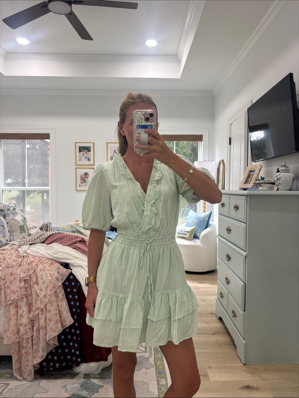 Mint Green Ruffle Tiered Mini Dress with Tie Waist